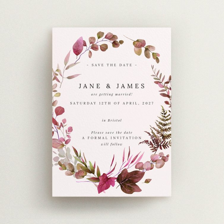 Floral wedding save the date card design with no photos, featuring elegant botanical elements.