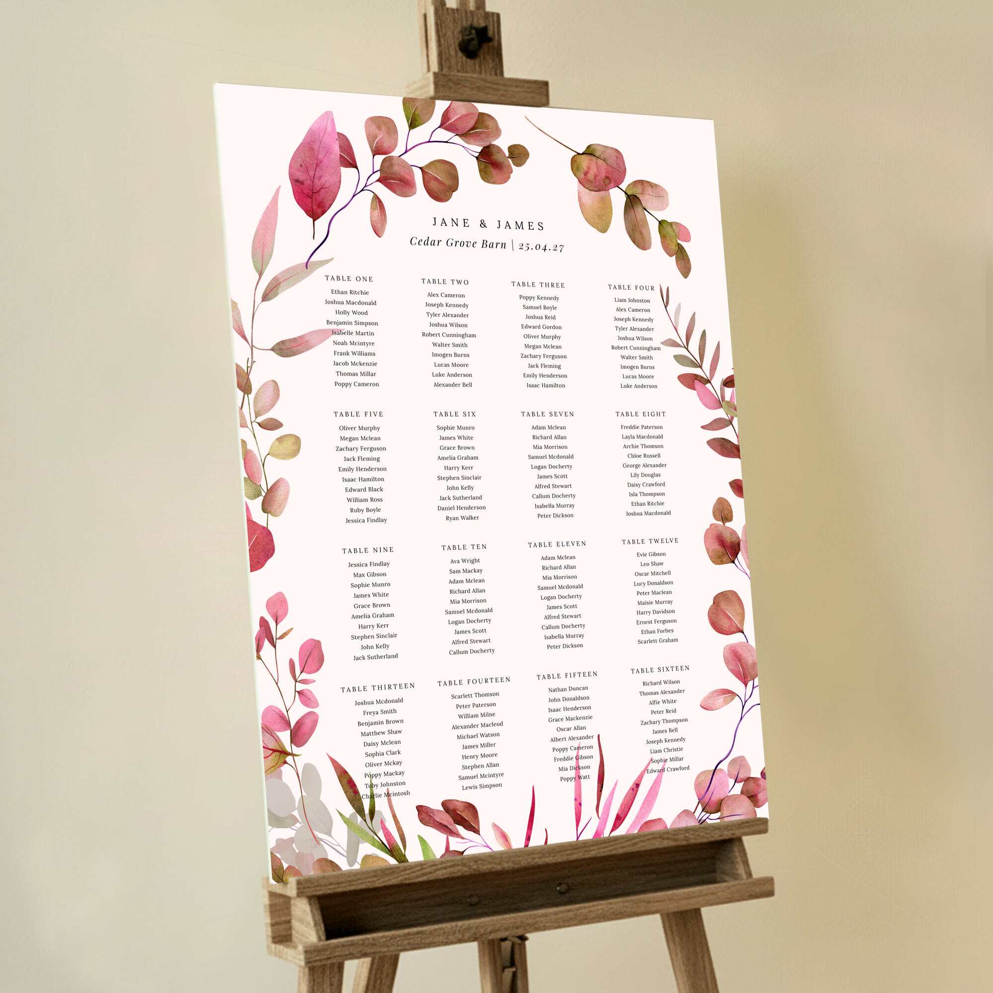 Floral wedding table plan design with sixteen tables, featuring elegant botanical elements and no photos. This one shows 16 tables.