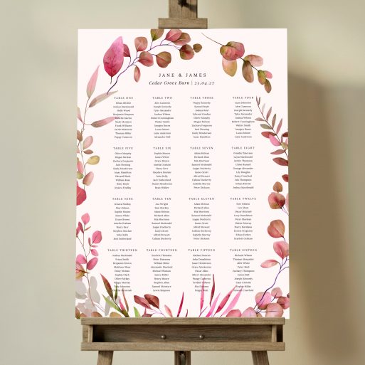Floral wedding table plan design with sixteen tables, featuring elegant botanical elements and no photos. This one shows 16 tables.