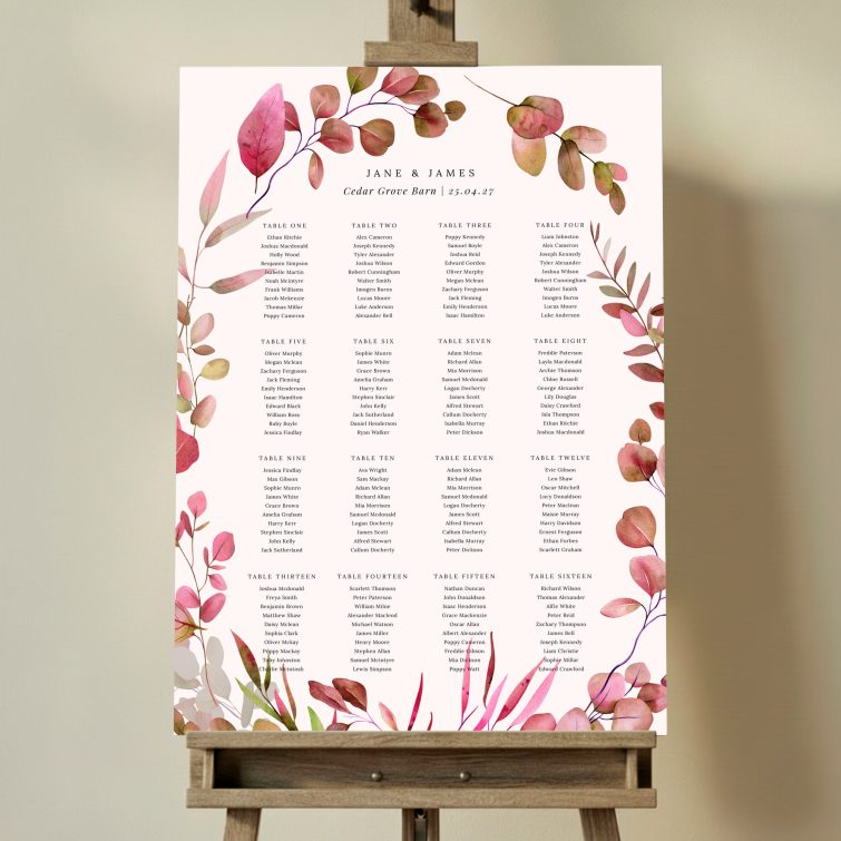 Floral wedding table plan design with sixteen tables, featuring elegant botanical elements and no photos. This one shows 16 tables.