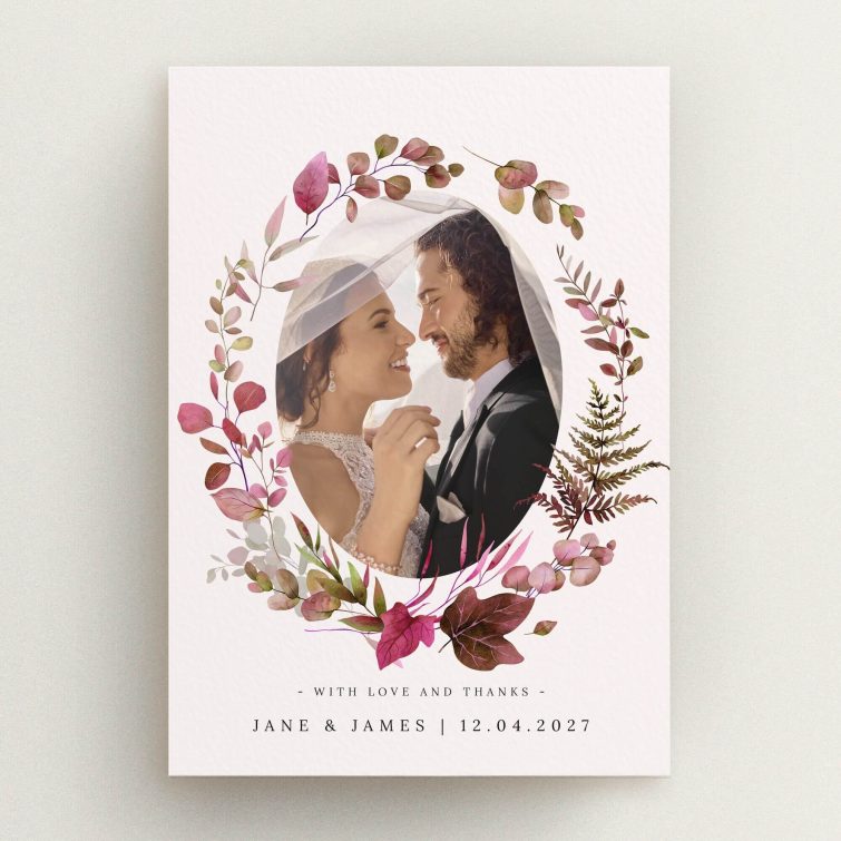 Floral wedding thank you card design with one photo and customisable text.