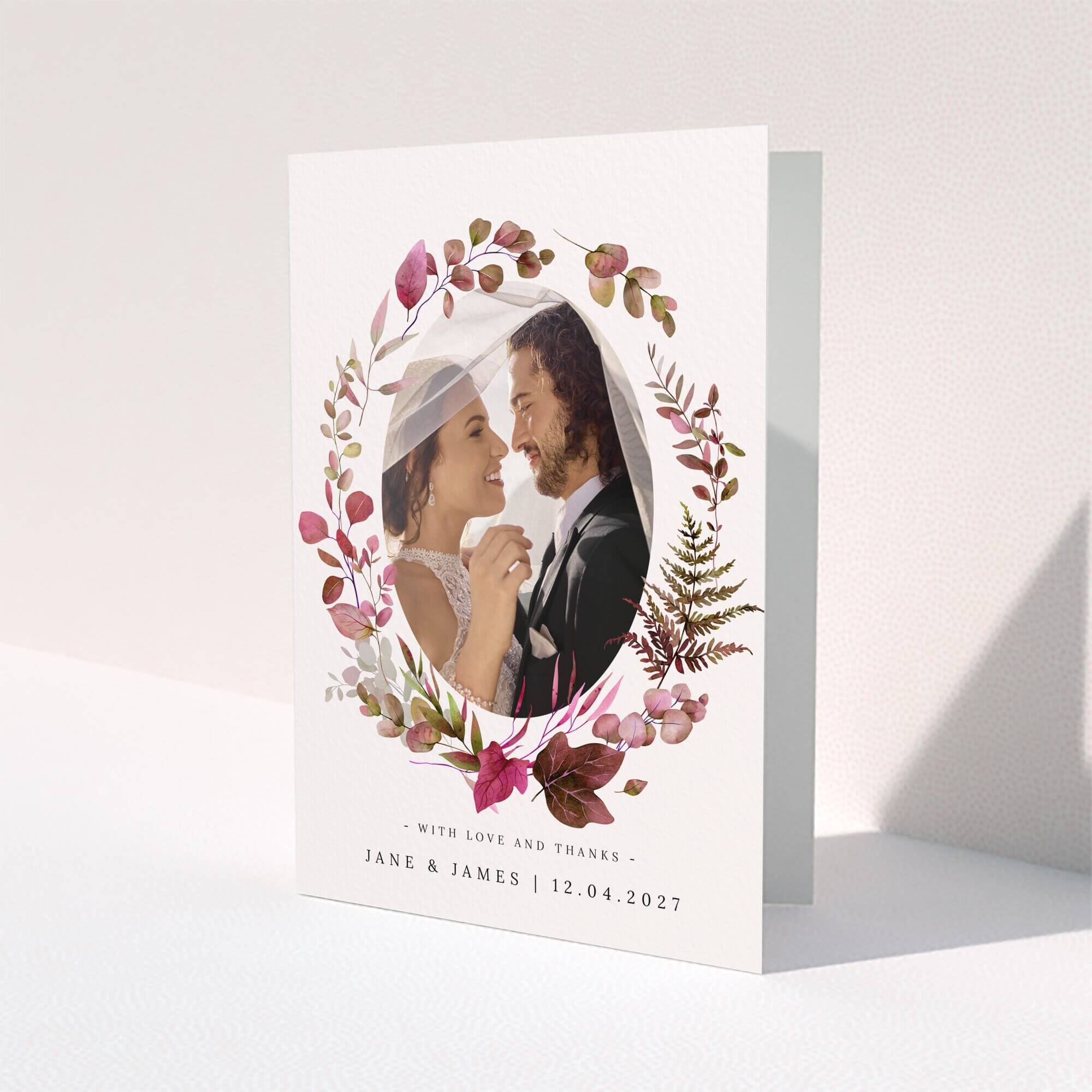 Floral wedding thank you card design with one photo and customisable text.
