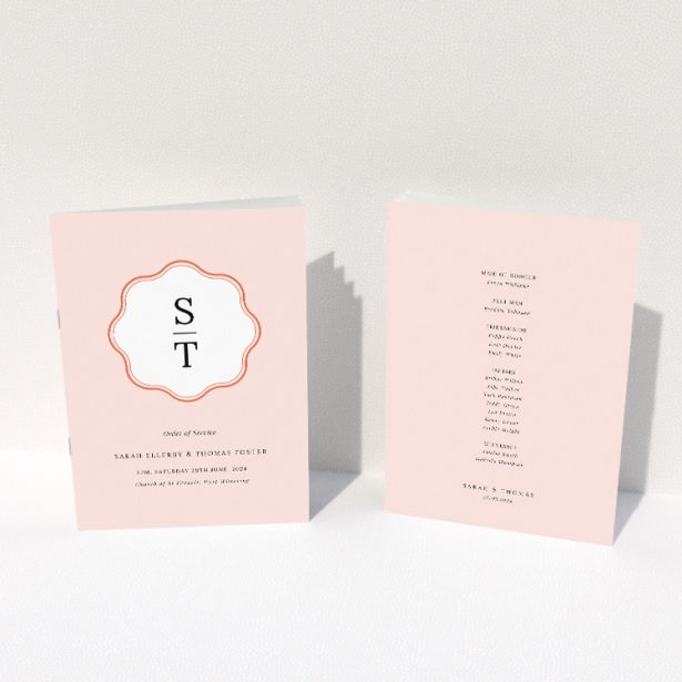 Blush Crest Monogram A5 Wedding Order of Service booklet - Personalised elegance with soft blush pink background and classic monogram crest, perfect for contemporary yet personal wedding presentations This image shows the front and back sides together