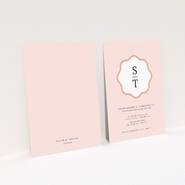 Blush Crest Monogram wedding invitation - A5 portrait, classic elegance and modern design. This image shows the front and back sides together