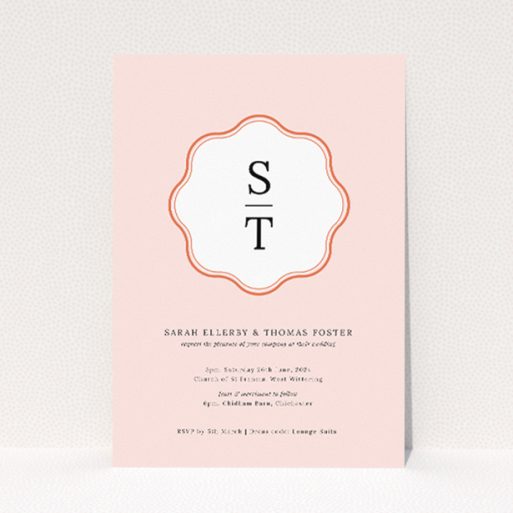 Blush Crest Monogram wedding invitation - A5 portrait, classic elegance and modern design. This is a view of the front