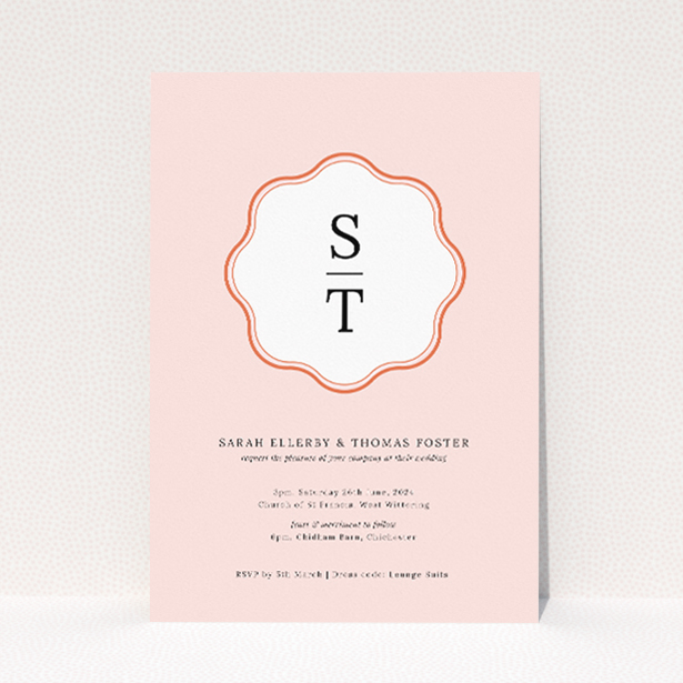 Blush Crest Monogram wedding invitation - A5 portrait, classic elegance and modern design. This is a view of the front