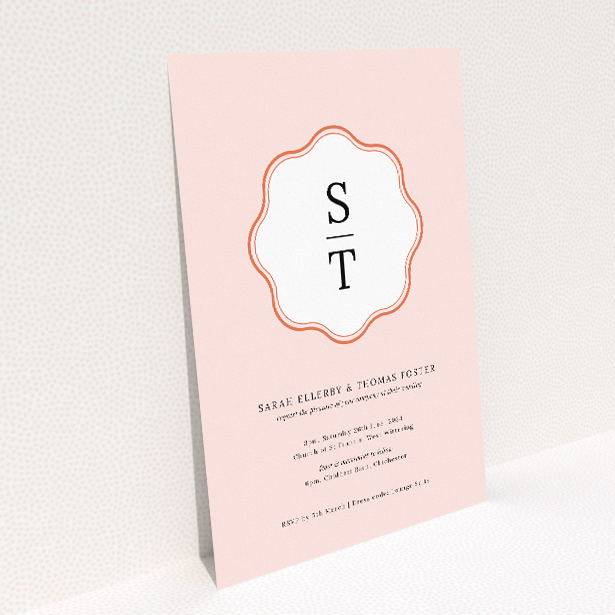 Blush Crest Monogram wedding invitation - A5 portrait, classic elegance and modern design. This image shows the front and back sides together
