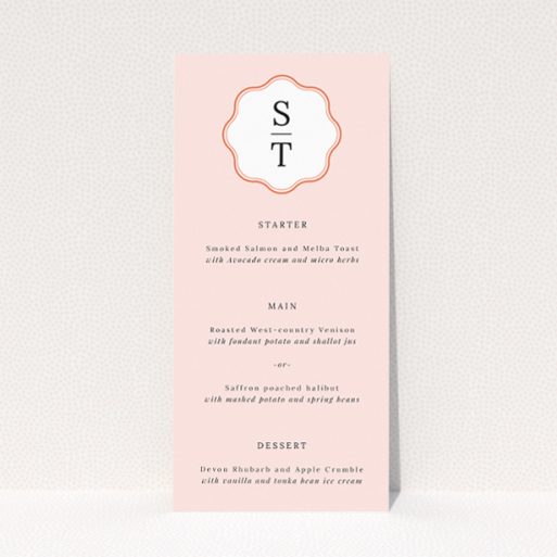 Blush Crest Monogram wedding menu design in soft blush tones, featuring a bold monogram crest, ideal for couples seeking a timeless yet contemporary aesthetic for their special day This is a view of the front
