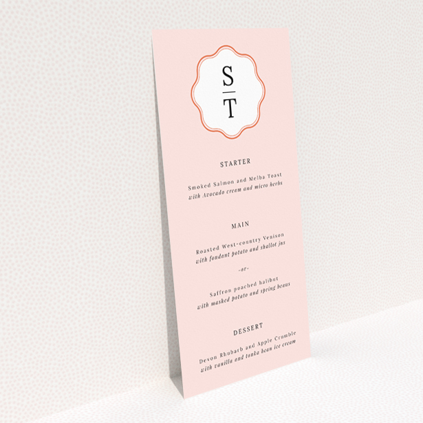 Blush Crest Monogram wedding menu design in soft blush tones, featuring a bold monogram crest, ideal for couples seeking a timeless yet contemporary aesthetic for their special day This is a view of the back