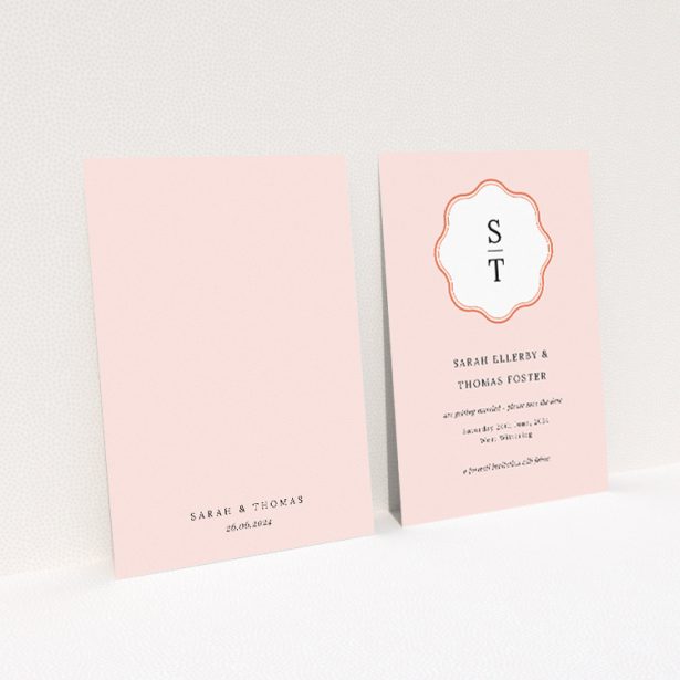 Blush Crest Monogram Wedding Save the Date Card - A6 Size - Distinctive monogram crest on soft blush pink background with serif typography, symbolising unity and elegance for a stylish and unique wedding announcement This is a view of the back