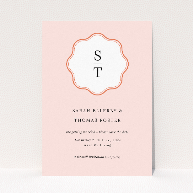 Blush Crest Monogram Wedding Save the Date Card - A6 Size - Distinctive monogram crest on soft blush pink background with serif typography, symbolising unity and elegance for a stylish and unique wedding announcement This is a view of the front