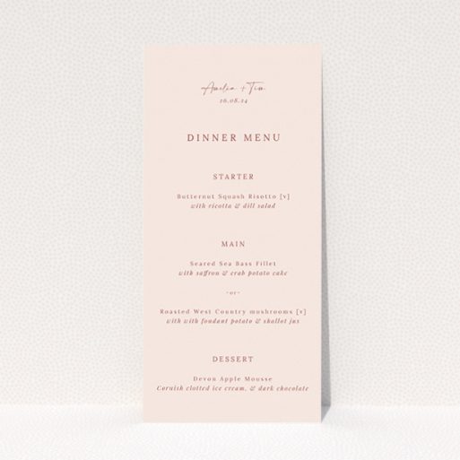 Blush Elegance Script wedding menu design with a delicate blush background, ideal for couples seeking a personalised, artisanal touch to their stationery, promising clarity and elegance throughout. This is a view of the front