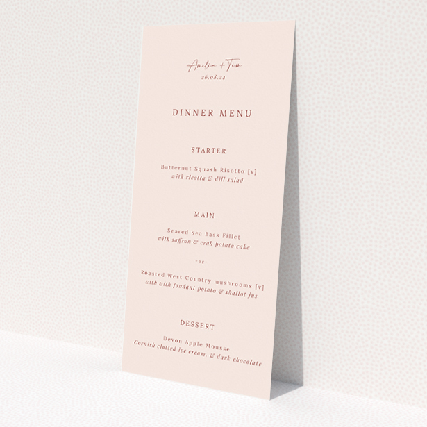 Blush Elegance Script wedding menu design with a delicate blush background, ideal for couples seeking a personalised, artisanal touch to their stationery, promising clarity and elegance throughout. This is a view of the front