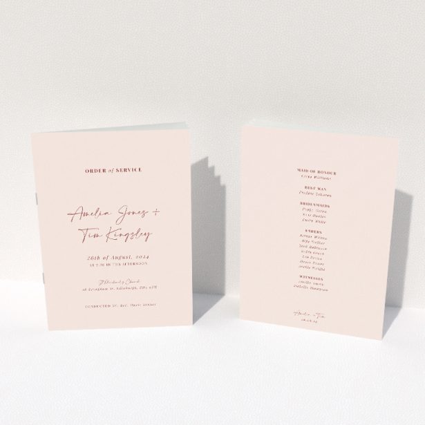"Blush Elegance Script Wedding Order of Service A5 Booklet - Sophisticated design with blush background and graceful script font, ideal for modern weddings.". This image shows the front and back sides together