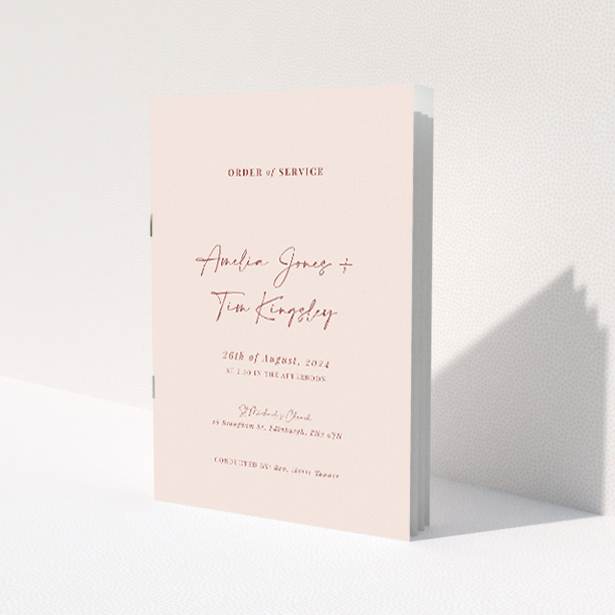 'Blush Elegance Script Wedding Order of Service A5 Booklet - Sophisticated design with blush background and graceful script font, ideal for modern weddings.'. This is a view of the front