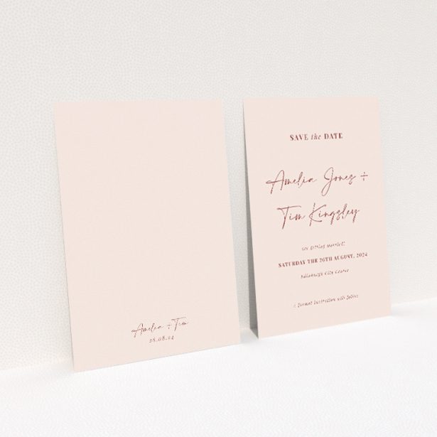 Blush Elegance Script Wedding Save the Date Card - A6 Portrait Design - Soft blush pink background with exquisite script in deeper pink, combining sophistication and warmth for a stylish and heartfelt wedding announcement This is a view of the back
