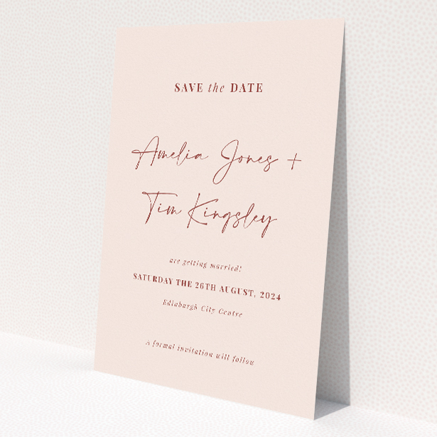 Blush Elegance Script Wedding Save the Date Card - A6 Portrait Design - Soft blush pink background with exquisite script in deeper pink, combining sophistication and warmth for a stylish and heartfelt wedding announcement This is a view of the front