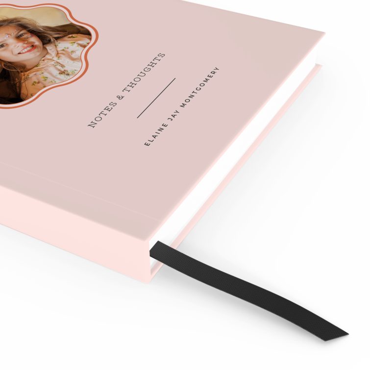 Personalised pink notebook design with one photo on coverspread, suitable for weddings and photo printing by Utterly Printable.