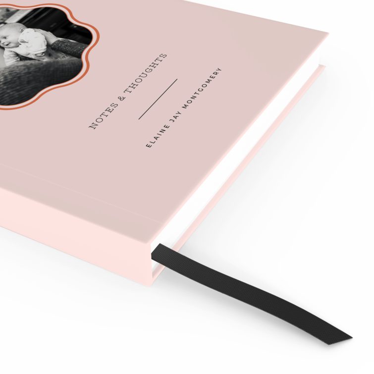 Elegant personalised notebooks design with a single photo on a pastel pink cover created by Utterly Printable.