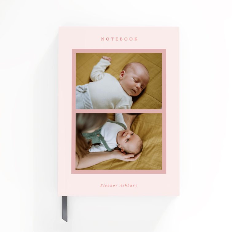 Personalised baby photo notebook design with two images on the cover by Utterly Printable.