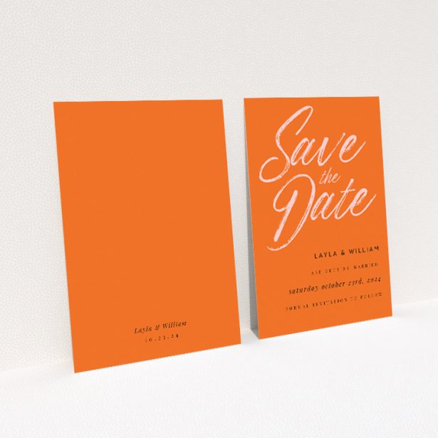 Bold Lilac Script A6 Save the Date Card - Vibrant wedding stationery featuring fluid handwritten script on energetic orange backdrop, promising a lively and joyful event filled with personality and flair This is a view of the back
