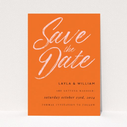 Bold Lilac Script A6 Save the Date Card - Vibrant wedding stationery featuring fluid handwritten script on energetic orange backdrop, promising a lively and joyful event filled with personality and flair This is a view of the front