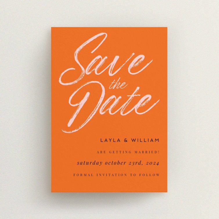 Bold Lilac Script A6 Save the Date Card - Vibrant wedding stationery featuring fluid handwritten script on energetic orange backdrop, promising a lively and joyful event filled with personality and flair This is a view of the front