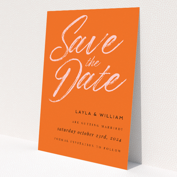 Bold Lilac Script A6 Save the Date Card - Vibrant wedding stationery featuring fluid handwritten script on energetic orange backdrop, promising a lively and joyful event filled with personality and flair This is a view of the front