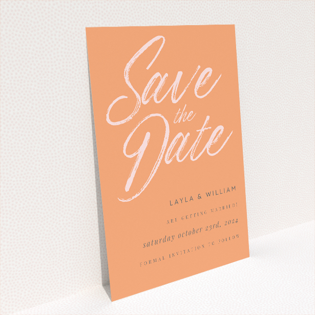 Bold Lilac Script A6 Save the Date Card - Vibrant wedding stationery featuring fluid handwritten script on energetic orange backdrop, promising a lively and joyful event filled with personality and flair This is a view of the back
