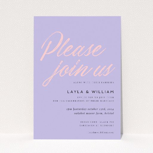 Bold Lilac Script wedding invitation with striking simplicity and contemporary style. This is a view of the front