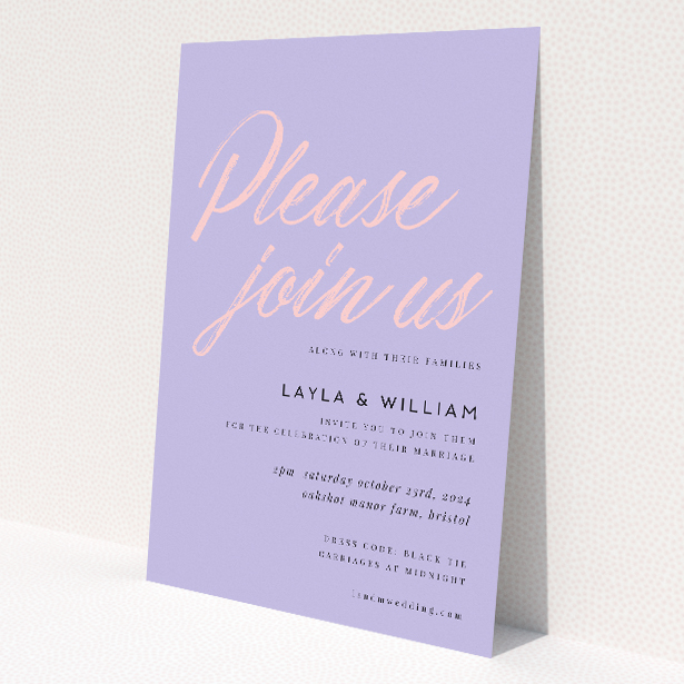 Bold Lilac Script wedding invitation with striking simplicity and contemporary style. This image shows the front and back sides together