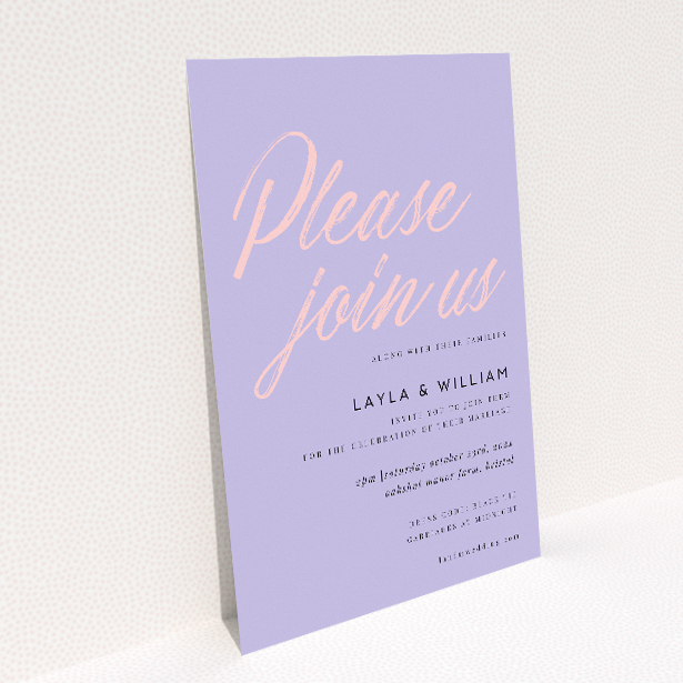 Bold Lilac Script wedding invitation with striking simplicity and contemporary style. This image shows the front and back sides together