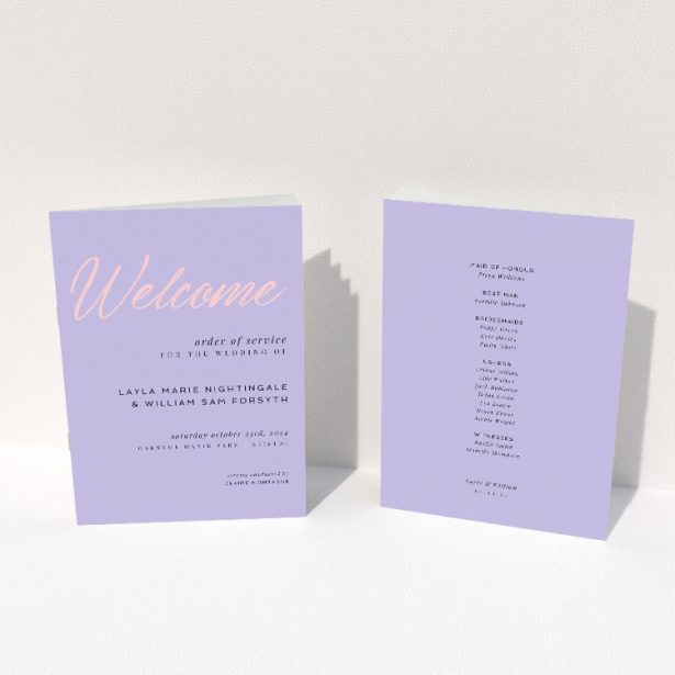 A5 Wedding Order of Service booklet with bold lilac script font on a sophisticated lilac background This image shows the front and back sides together