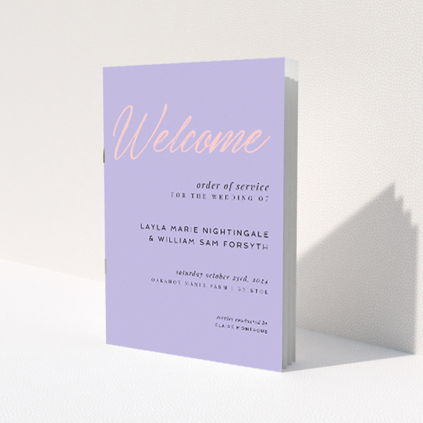 A5 Wedding Order of Service booklet with bold lilac script font on a sophisticated lilac background This is a view of the front