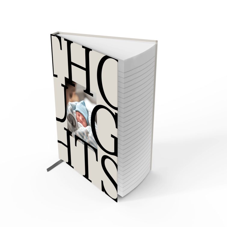 Portrait orientation notebooks design with bold text and one photo on the front cover.