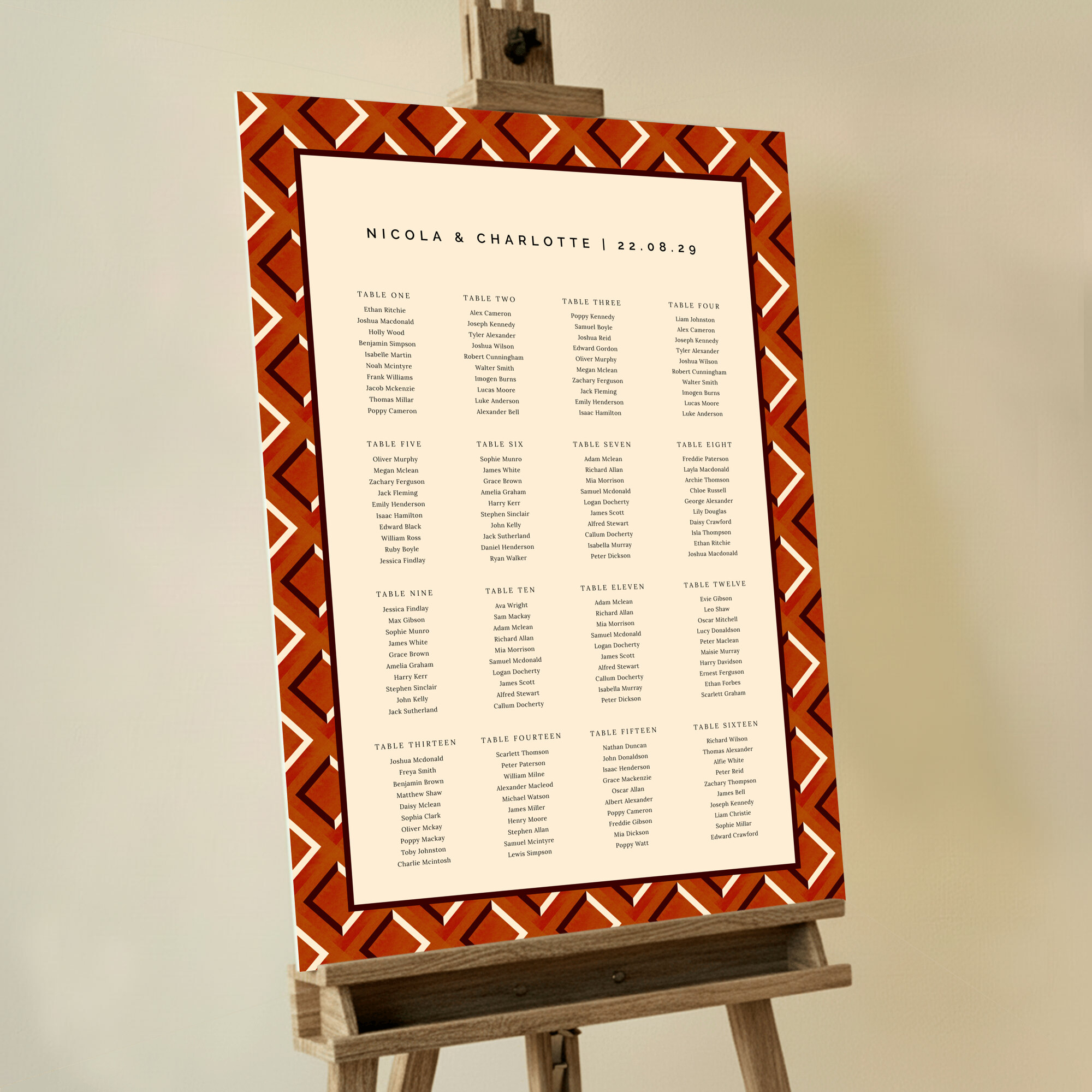 Custom Bold Squares Seating Charts with cream, orange, and dark ochre squares, adding sophistication and a contemporary flair to your wedding celebration, making a bold statement with its striking pattern.. This design shows 16 tables.