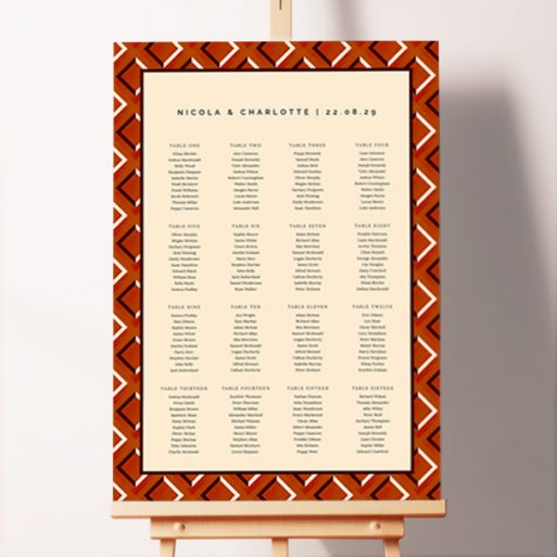Custom Bold Squares Seating Charts with cream, orange, and dark ochre squares, adding sophistication and a contemporary flair to your wedding celebration, making a bold statement with its striking pattern.. This design shows 16 tables.
