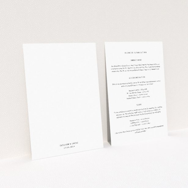 Bold Typographic Union wedding information insert card featuring strong typographic focus with bold script names against a clean sans-serif font, accented by subtle gold touches for contemporary elegance This image shows the front and back sides together