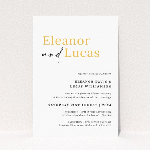 "Bold Typographic Union" A5 wedding invitation with striking contrast between script and sans-serif fonts. This is a view of the front