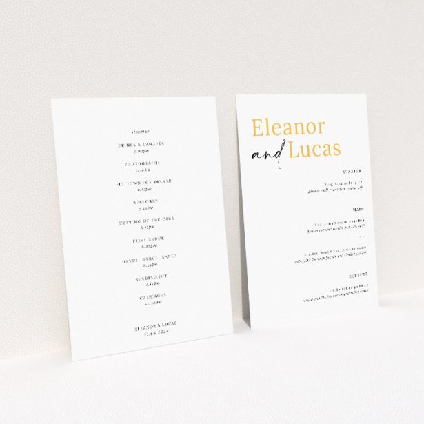 Bold Typographic Union wedding menu template - Minimalist yet stylish wedding menu design with bold script names and clean sans-serif fonts, accented with subtle gold details on a crisp white background. This image shows the front and back sides together