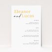 Bold Typographic Union wedding menu template - Minimalist yet stylish wedding menu design with bold script names and clean sans-serif fonts, accented with subtle gold details on a crisp white background. This is a view of the front