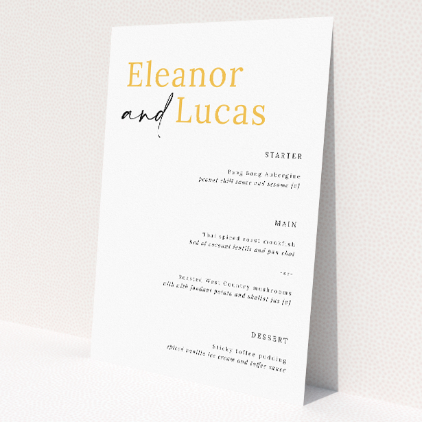 Bold Typographic Union wedding menu template - Minimalist yet stylish wedding menu design with bold script names and clean sans-serif fonts, accented with subtle gold details on a crisp white background. This is a view of the front