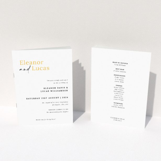 "Bold Typographic Union wedding order of service booklet featuring modern elegance with strong typographic focus, ideal for couples seeking a stylish and practical guide for their wedding ceremony.". This image shows the front and back sides together
