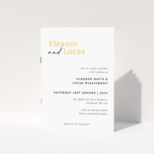 "Bold Typographic Union wedding order of service booklet featuring modern elegance with strong typographic focus, ideal for couples seeking a stylish and practical guide for their wedding ceremony.". This is a view of the front