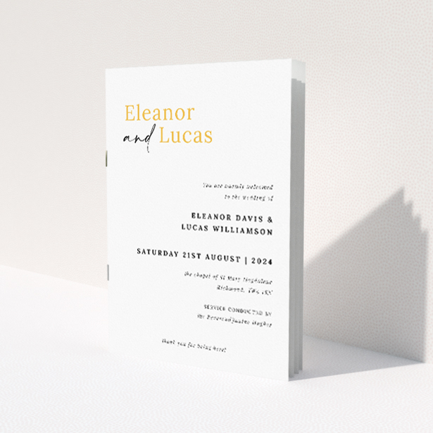'Bold Typographic Union wedding order of service booklet featuring modern elegance with strong typographic focus, ideal for couples seeking a stylish and practical guide for their wedding ceremony.'. This is a view of the front