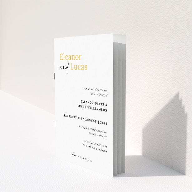 "Bold Typographic Union wedding order of service booklet featuring modern elegance with strong typographic focus, ideal for couples seeking a stylish and practical guide for their wedding ceremony.". This image shows the front and back sides together