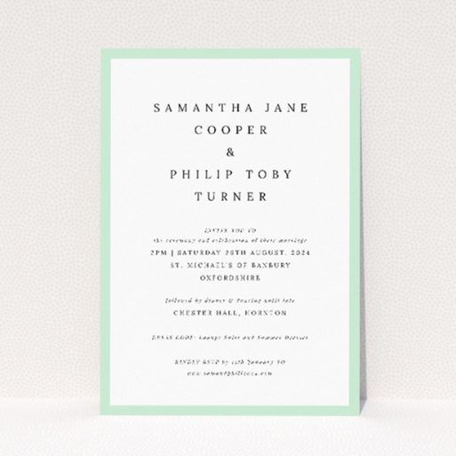 "Border Elegance wedding invitation featuring minimalist charm with crisp white background and tasteful slender border, combining modern minimalism with traditional poise for a refined and sophisticated presentation of wedding details.". This is a view of the front