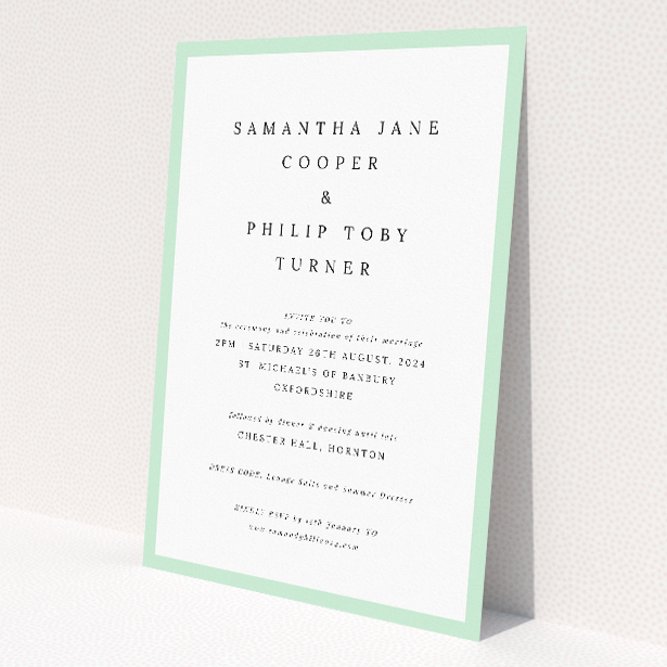 'Border Elegance wedding invitation featuring minimalist charm with crisp white background and tasteful slender border, combining modern minimalism with traditional poise for a refined and sophisticated presentation of wedding details.'. This is a view of the front