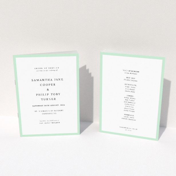 Utterly Printable Border Elegance Wedding Order of Service A5 Portrait Booklet - Minimalist Design with Sage Green Border and Classic Typeface. This image shows the front and back sides together