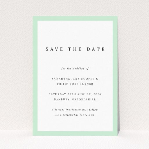 Border Elegance wedding save the date card with sage green border and elegant typography on clean white background. This is a view of the front